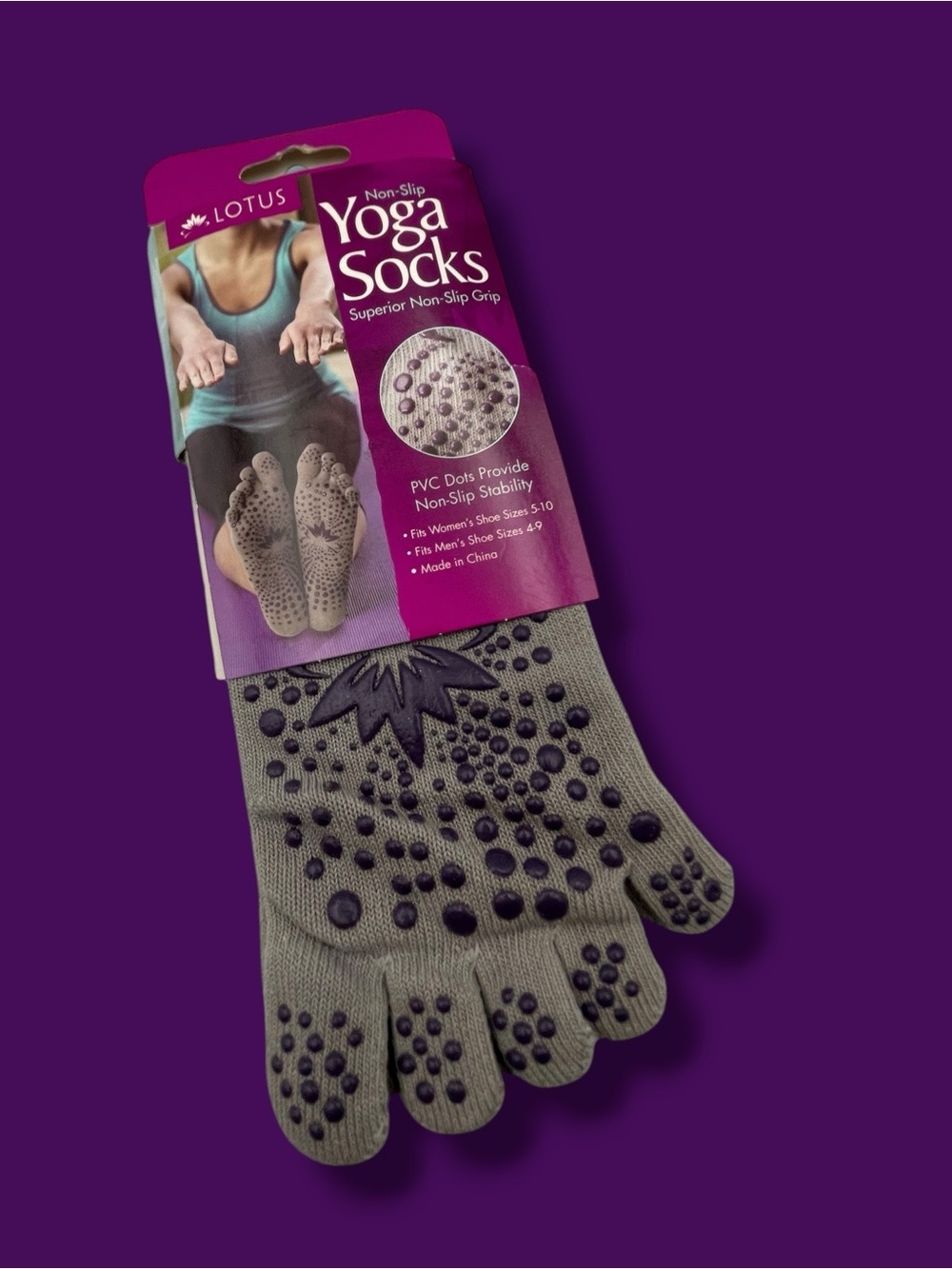 Lotus Womens Gray with Purple Non-Slip Grips Yoga Socks Size 5-10